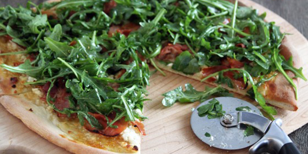 Goat Cheese & Prosciutto Pizza with a Fig Jam Sauce and Arugula Salad